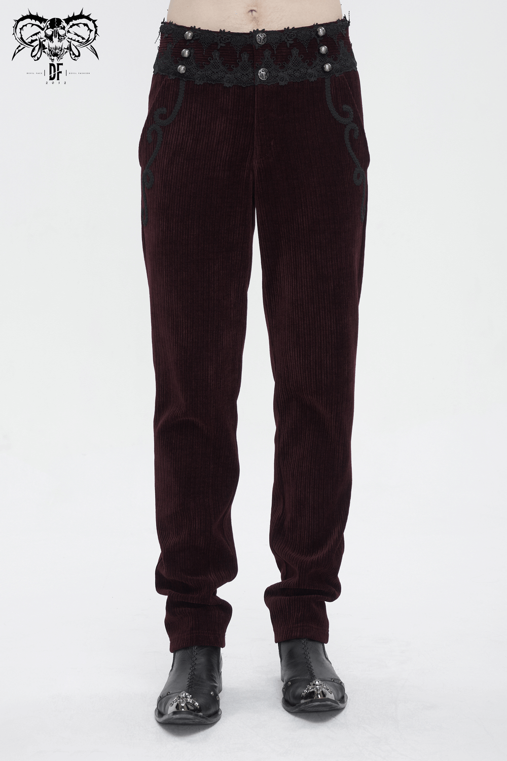 Wine Red Lace-Trimmed Corduroy Tailored Trousers - HARD'N'HEAVY