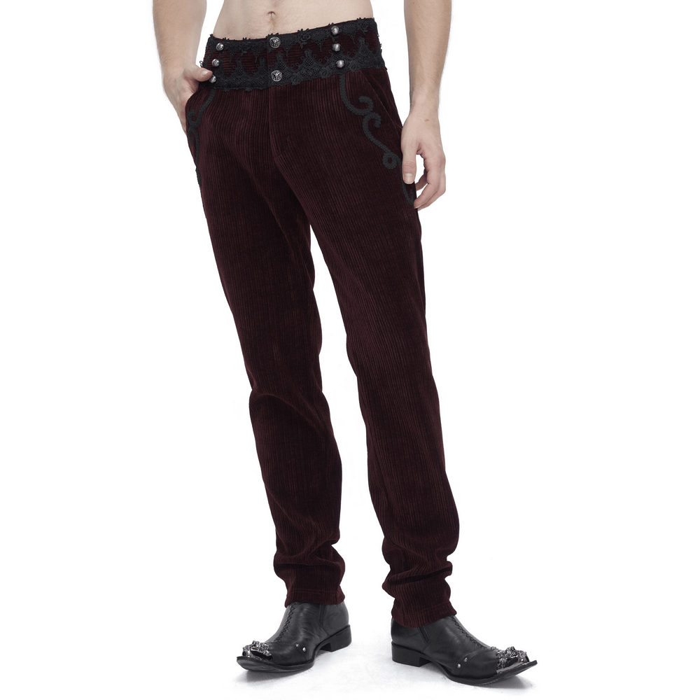 Wine Red Lace-Trimmed Corduroy Tailored Trousers - HARD'N'HEAVY