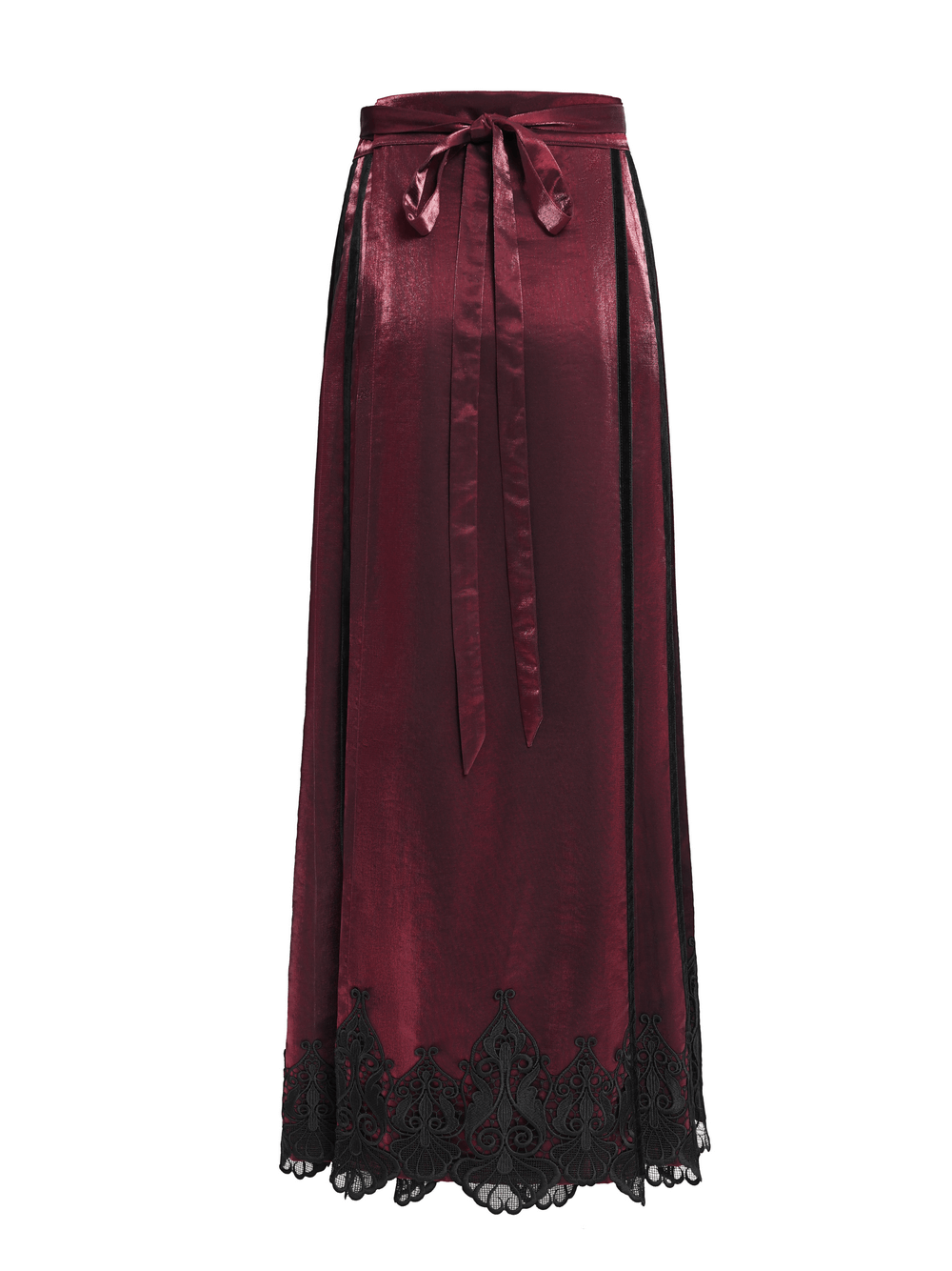 Wine red maxi skirt with black lace hem and intricate cross embroidery, perfect for gothic fashion or cosplay.