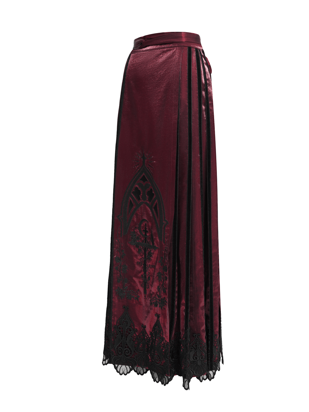 Wine red maxi skirt with black lace hem and gothic embroidery details, perfect for Victorian-inspired outfits.