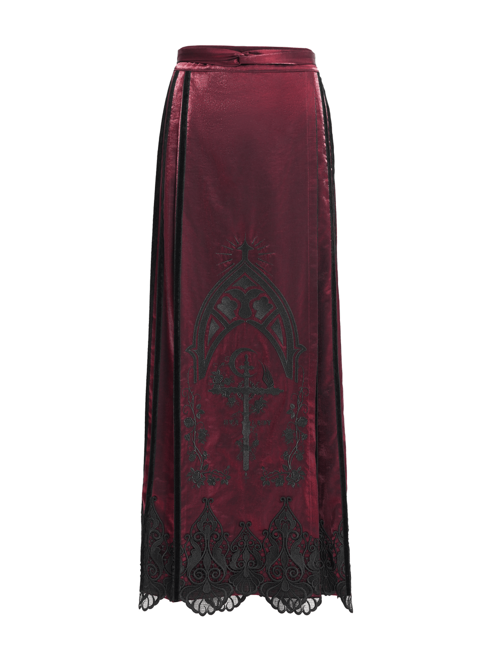 Wine red maxi skirt with black lace hem and gothic embroidery details, perfect for Victorian-inspired attire.