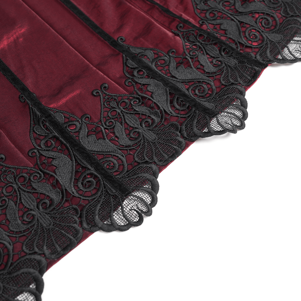 Wine red maxi skirt with black lace hem and intricate embroidery details.