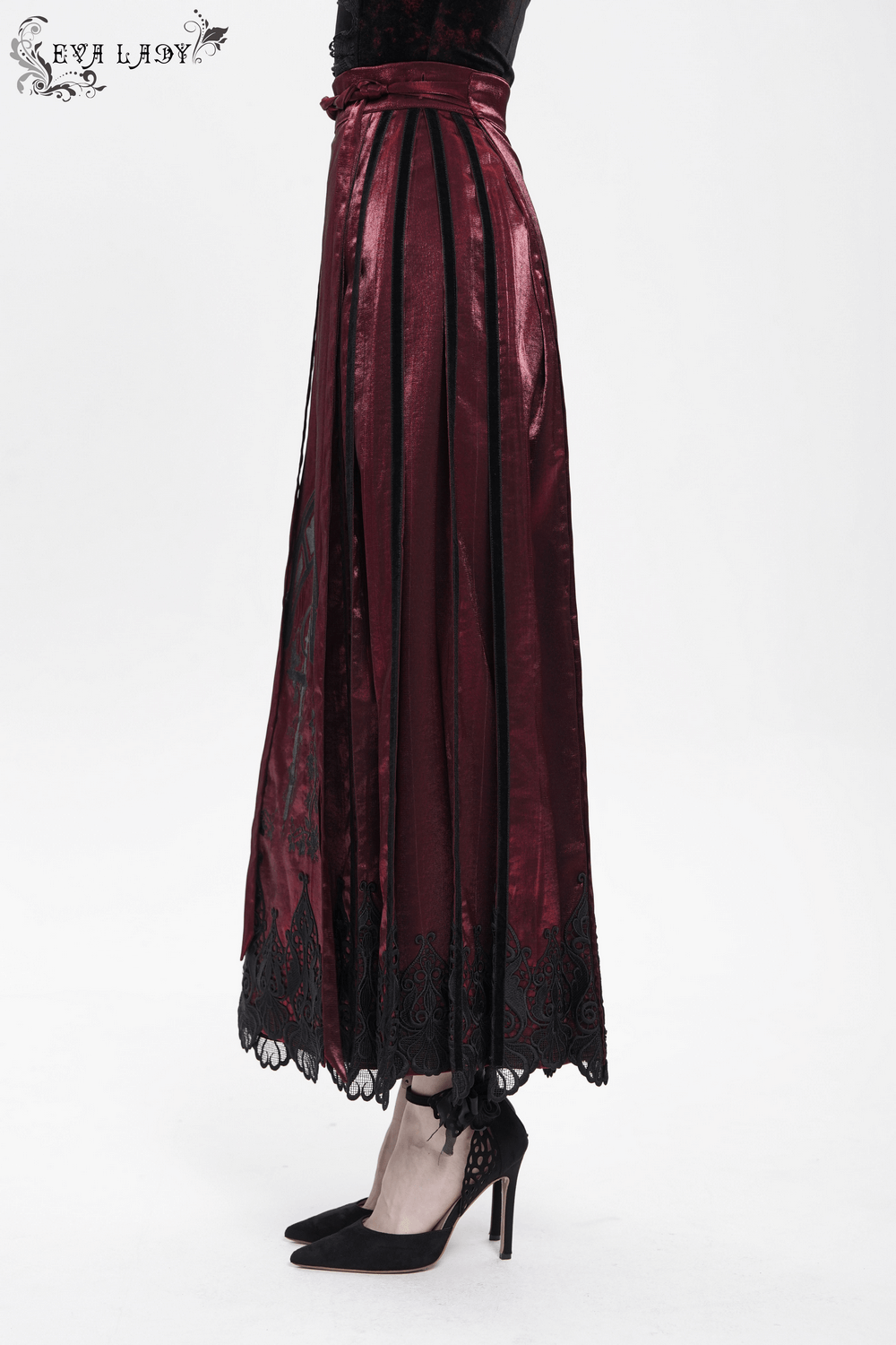 Wine red maxi skirt with black lace hem, cross embroidery, and a luxurious satin finish.