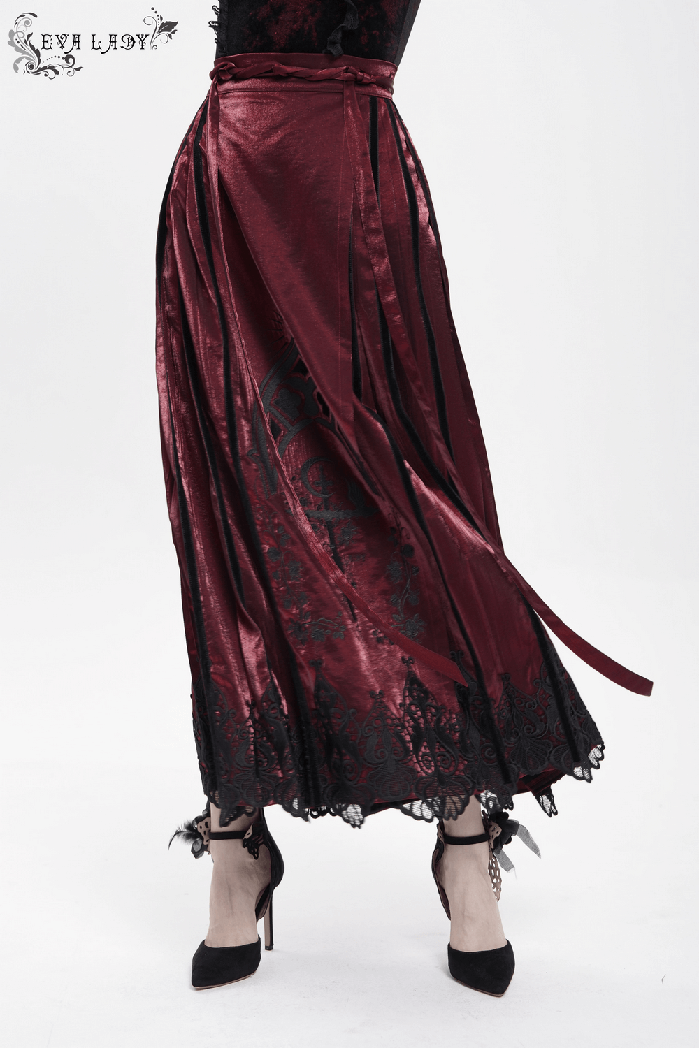 Victorian inspired wine red maxi skirt with black lace hem and embroidery, perfect for gothic events and cosplay.