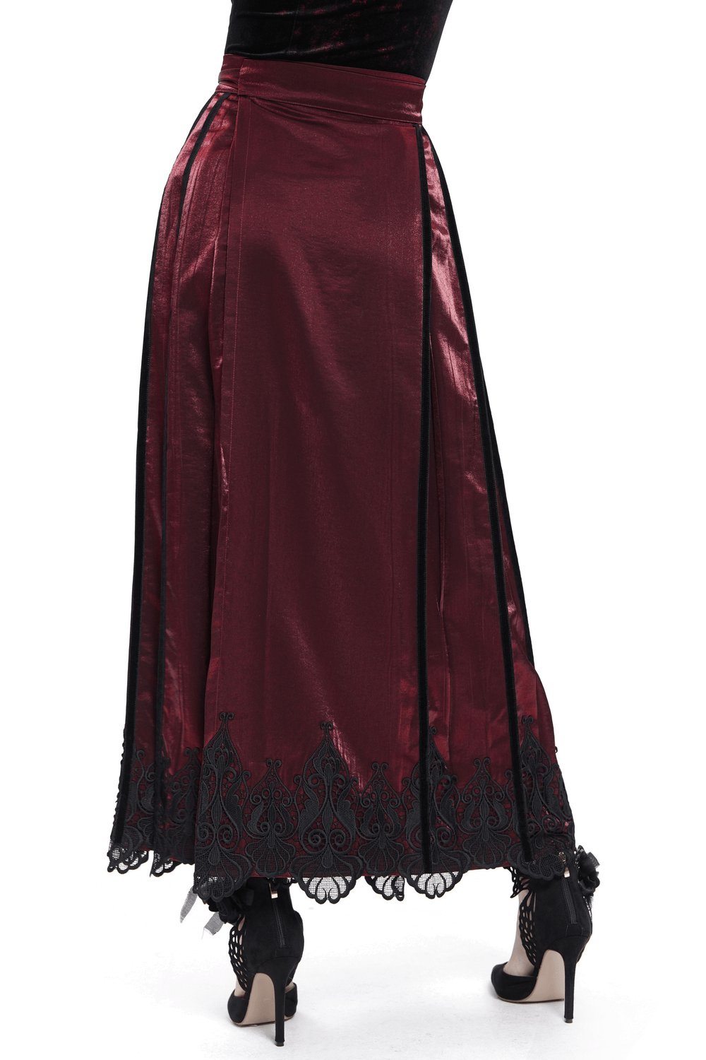 Wine red maxi skirt with black lace hem and embroidery, perfect for gothic fashion and events.