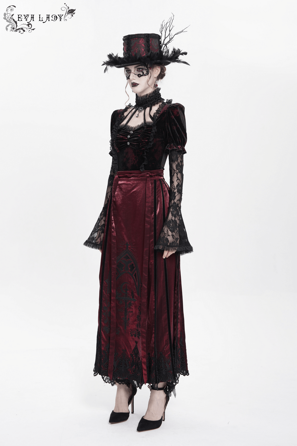 Victorian-inspired wine red maxi skirt with black lace hem and gothic embroidery, perfect for cosplay or gothic style.