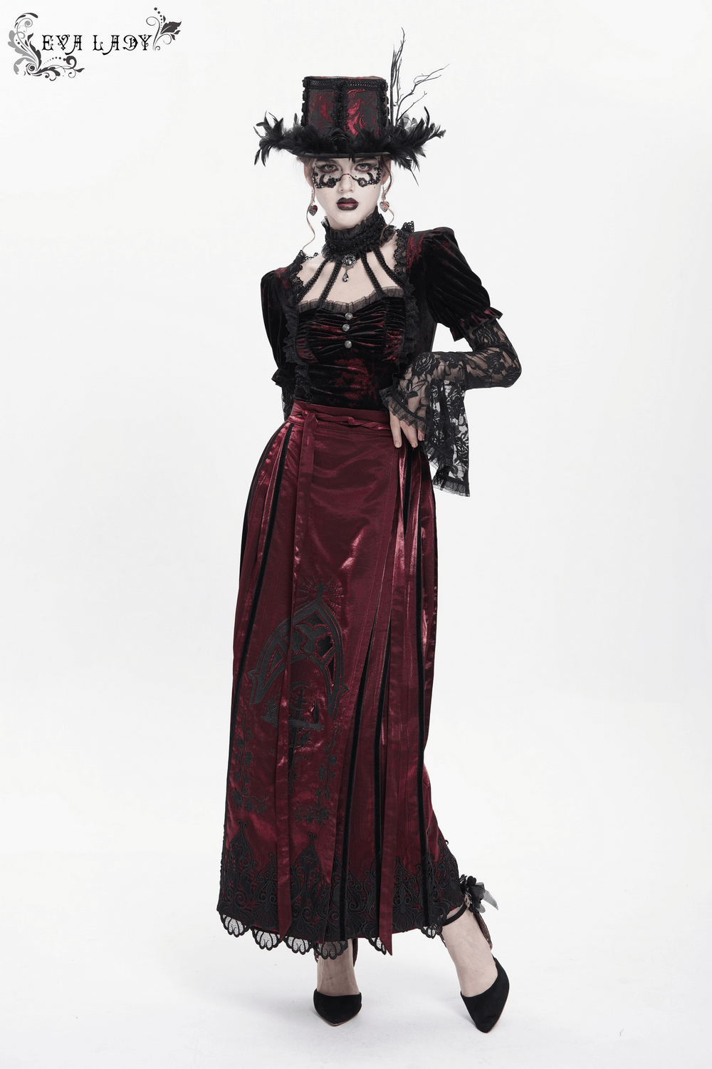 Victorian-inspired wine red maxi skirt with black lace hem and corset top, perfect for gothic fashion.