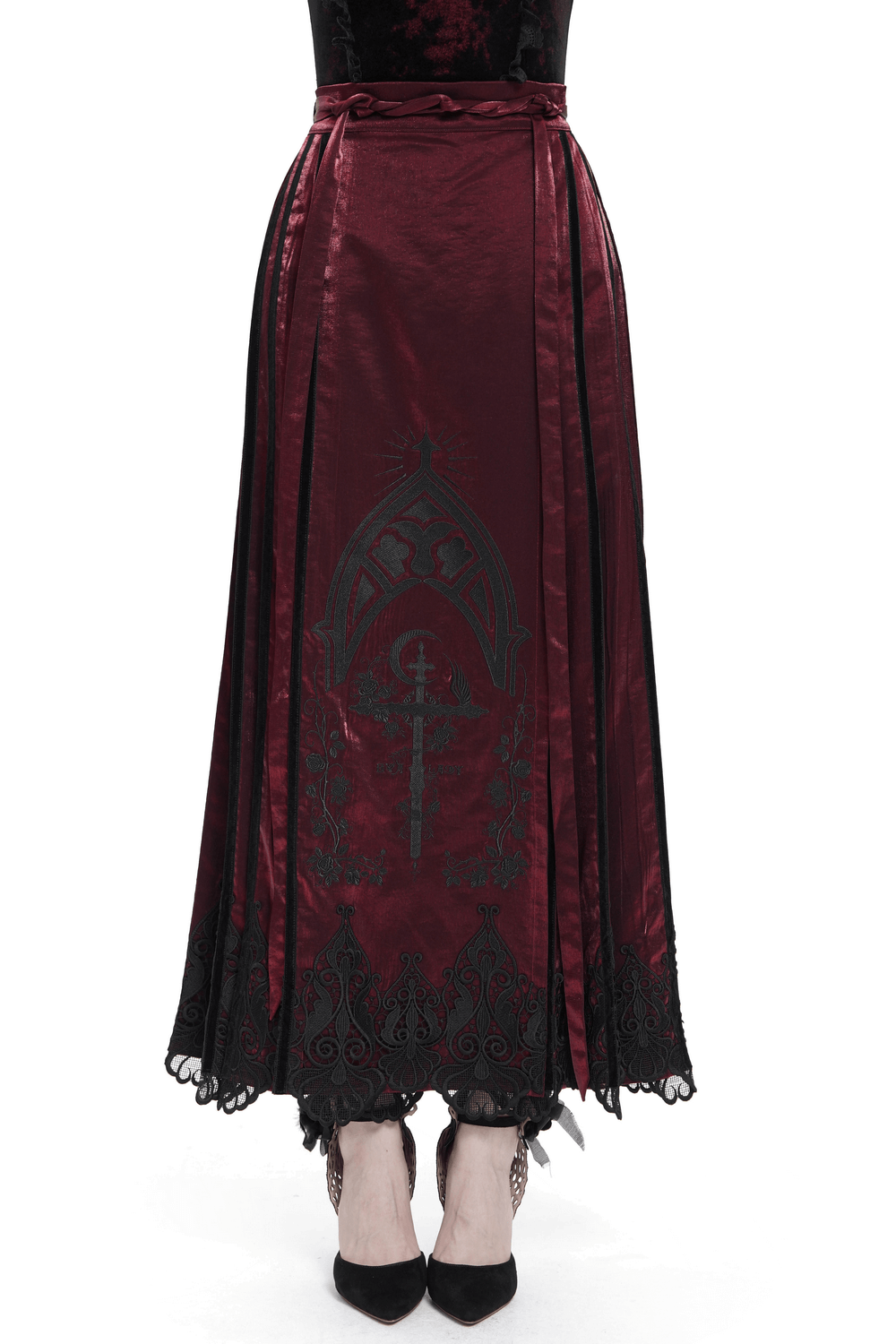 Wine red maxi skirt with black lace hem and gothic embroidery, perfect for cosplay and gothic attire.