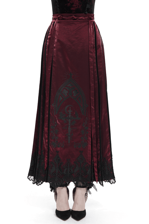 Wine Red Maxi Skirt with Black Lace Hem and Embroidery