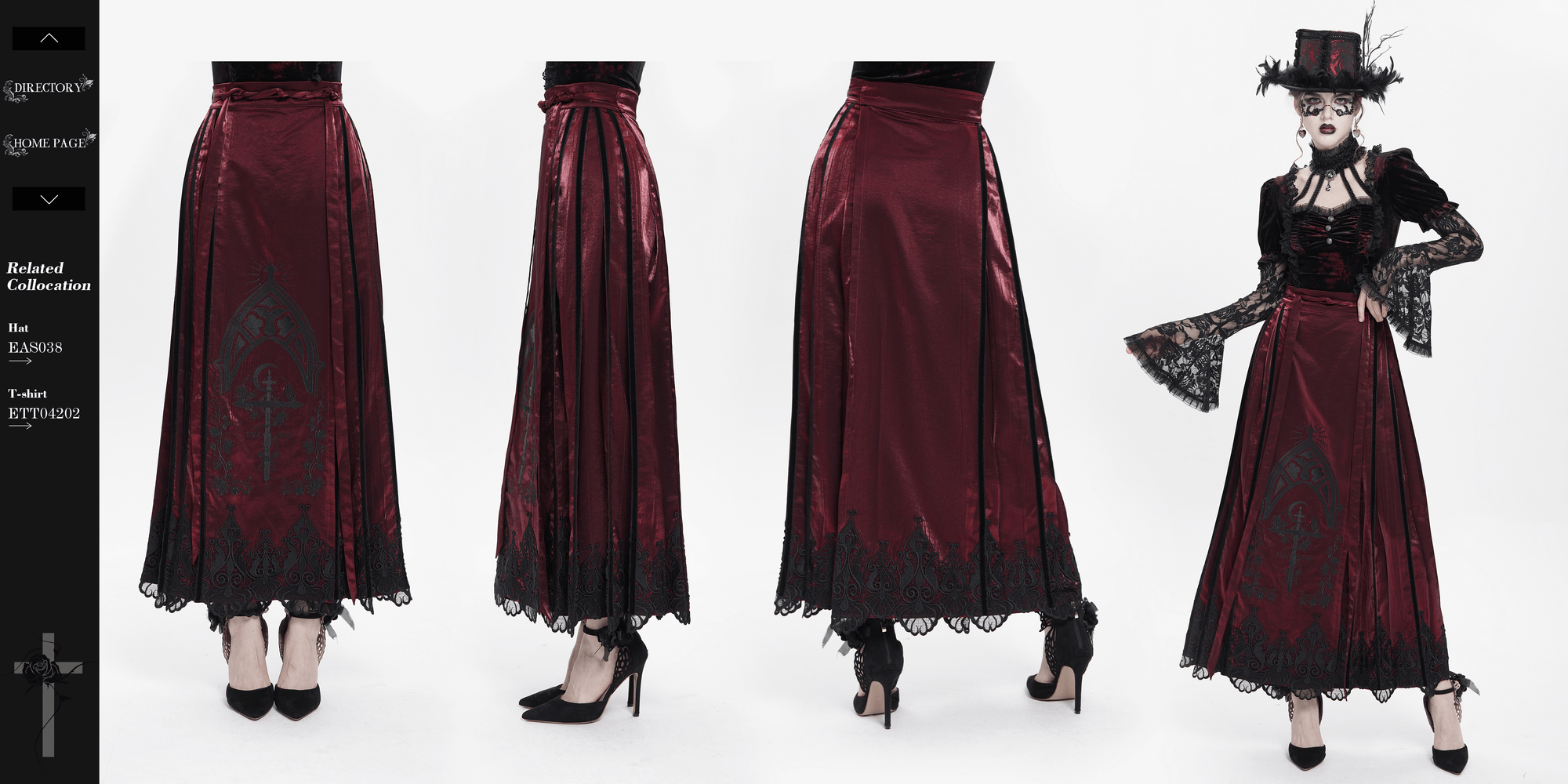 Wine red maxi skirt with black lace hem, featuring gothic embroidery and cross details, perfect for victorian-inspired fashion.