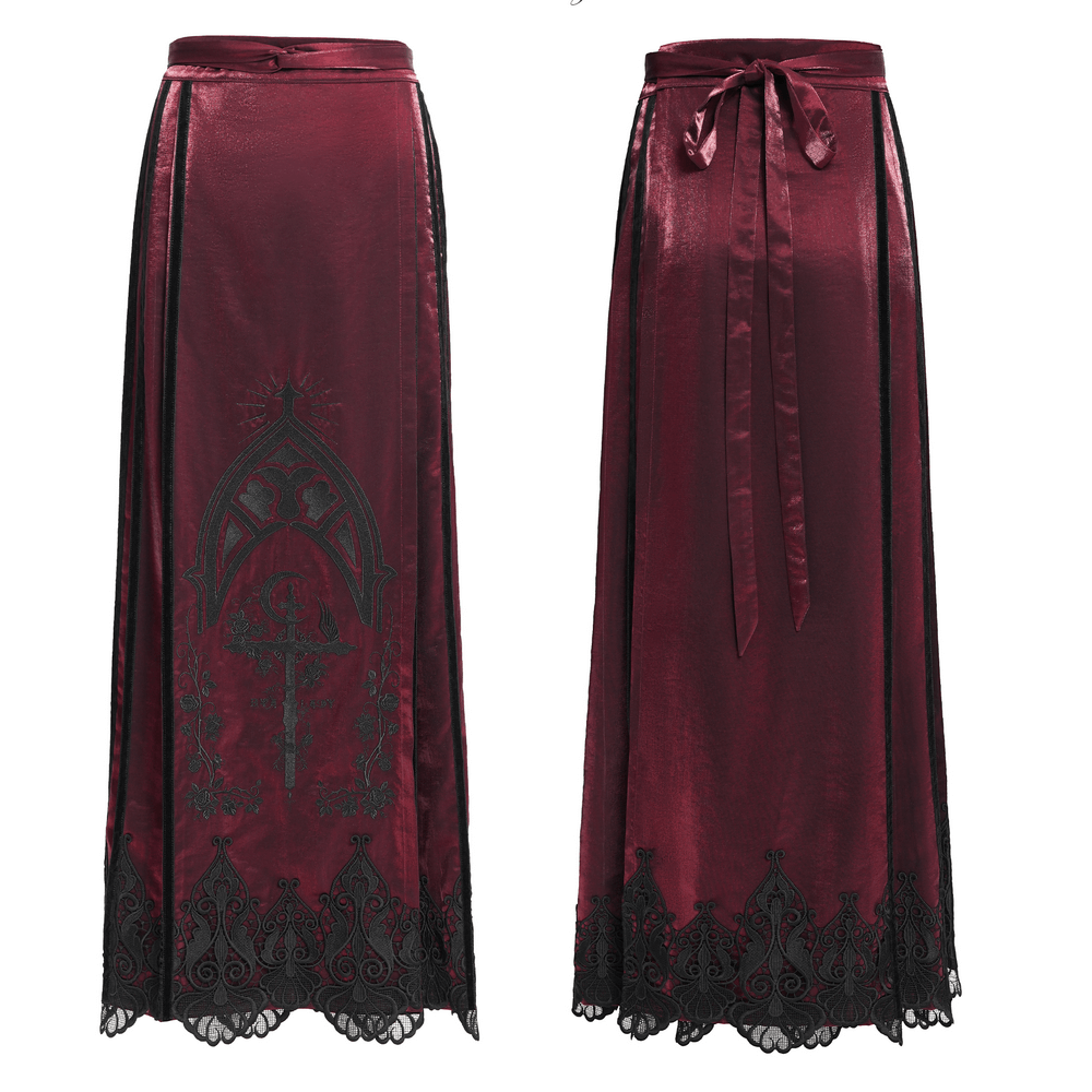 Wine red maxi skirt with black lace hem, gothic cross embroidery, and adjustable waist tie.