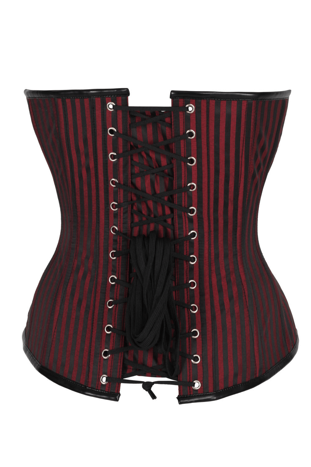 Alt Tag: Wine Red Steampunk Overbust Corset With Metal Clasps, gothic striped brocade bustier with steel boning and back lacing