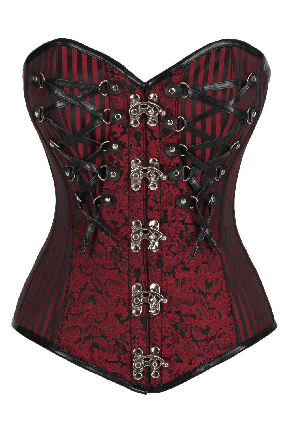 Alt Tag: Wine Red Steampunk Overbust Corset With Metal Clasps gothic brocade bustier, steel boning, striped panels, front clasps