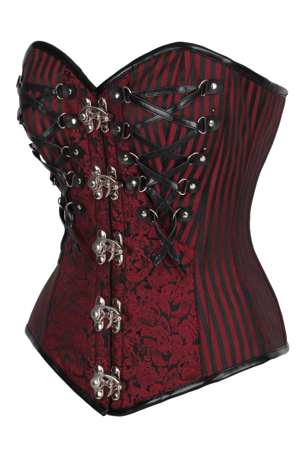 Alt Tag: Wine Red Steampunk Overbust Corset With Metal Clasps, gothic brocade bustier with steel boning, striped panels, front clasps