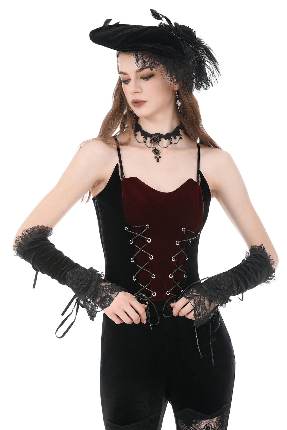 Model wearing a Wine Red Velvet Lace Up Gothic Corset Cami Bustier with gloves and hat, showcasing gothic fashion.