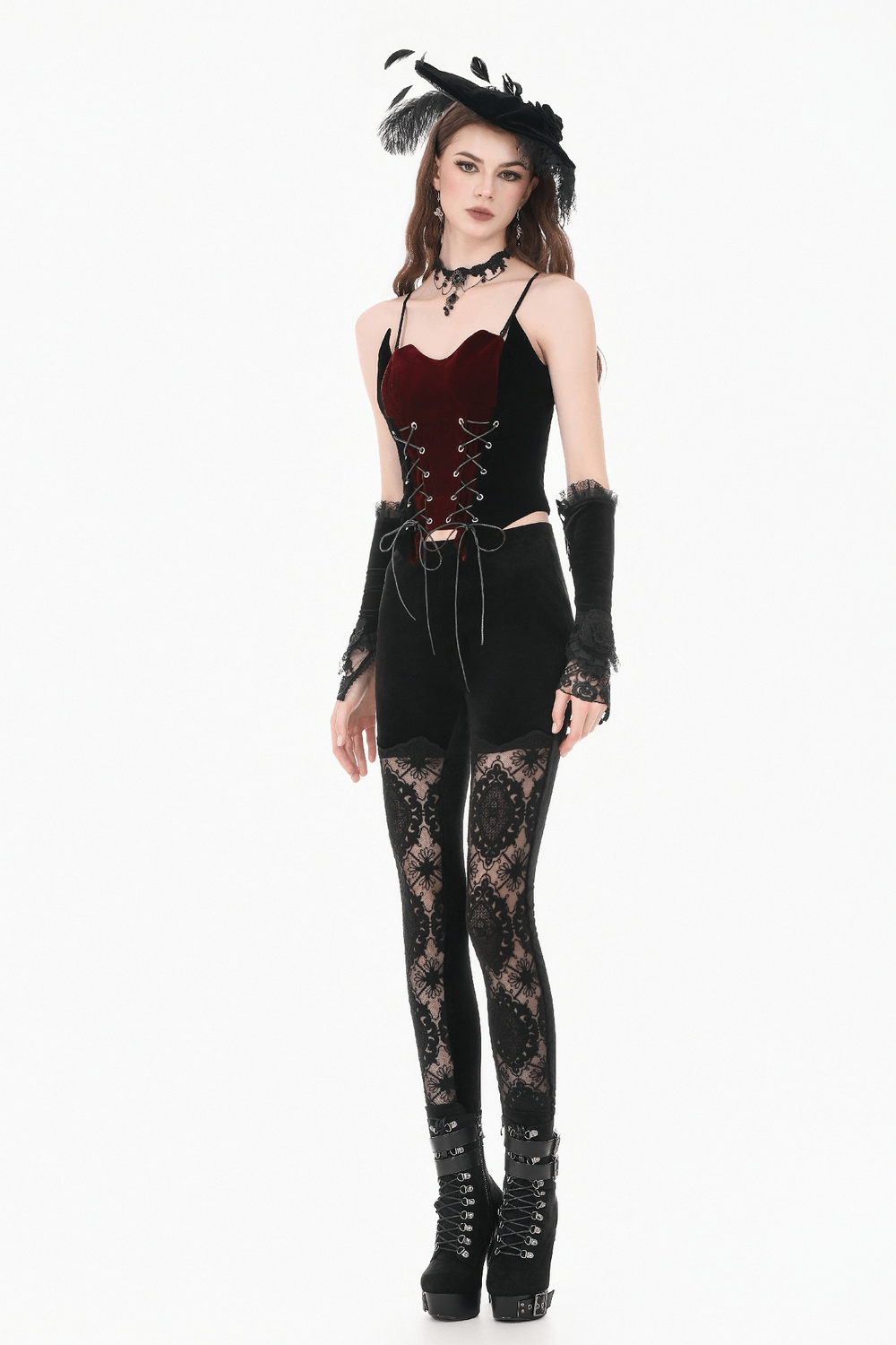 Wine Red Velvet Lace Up Gothic Corset Cami Bustier worn with stylish accessories and leggings for a gothic look.