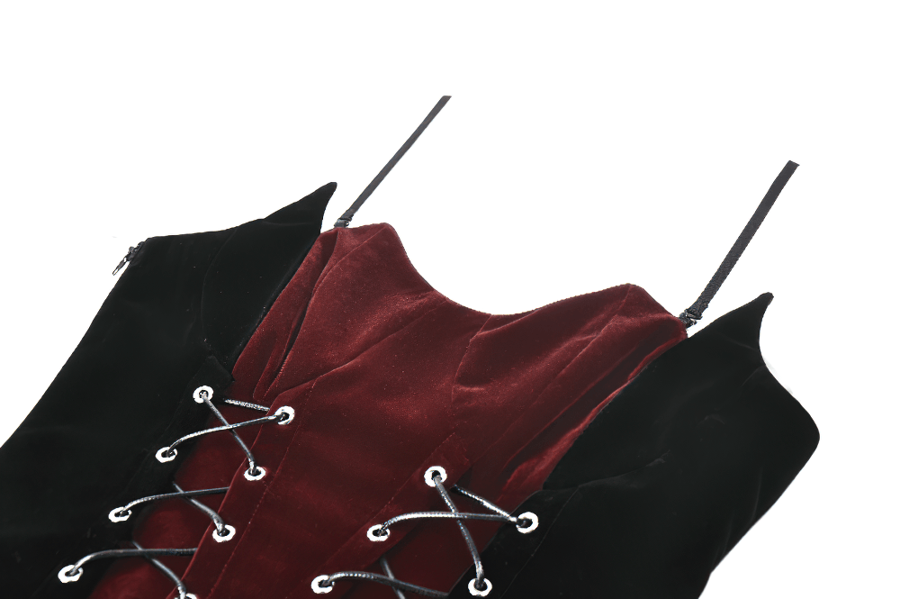 Wine Red Velvet Lace Up Gothic Corset Cami Bustier with intricate lace details and adjustable straps.