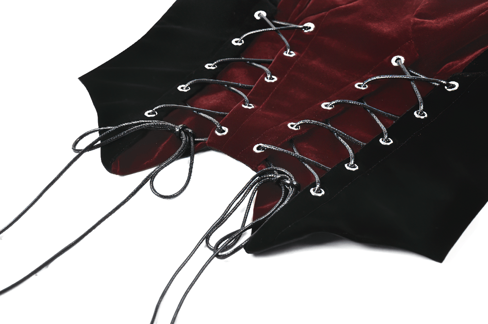 Wine Red Velvet Lace Up Gothic Corset Cami Bustier showcasing intricate lace detailing and velvet texture.