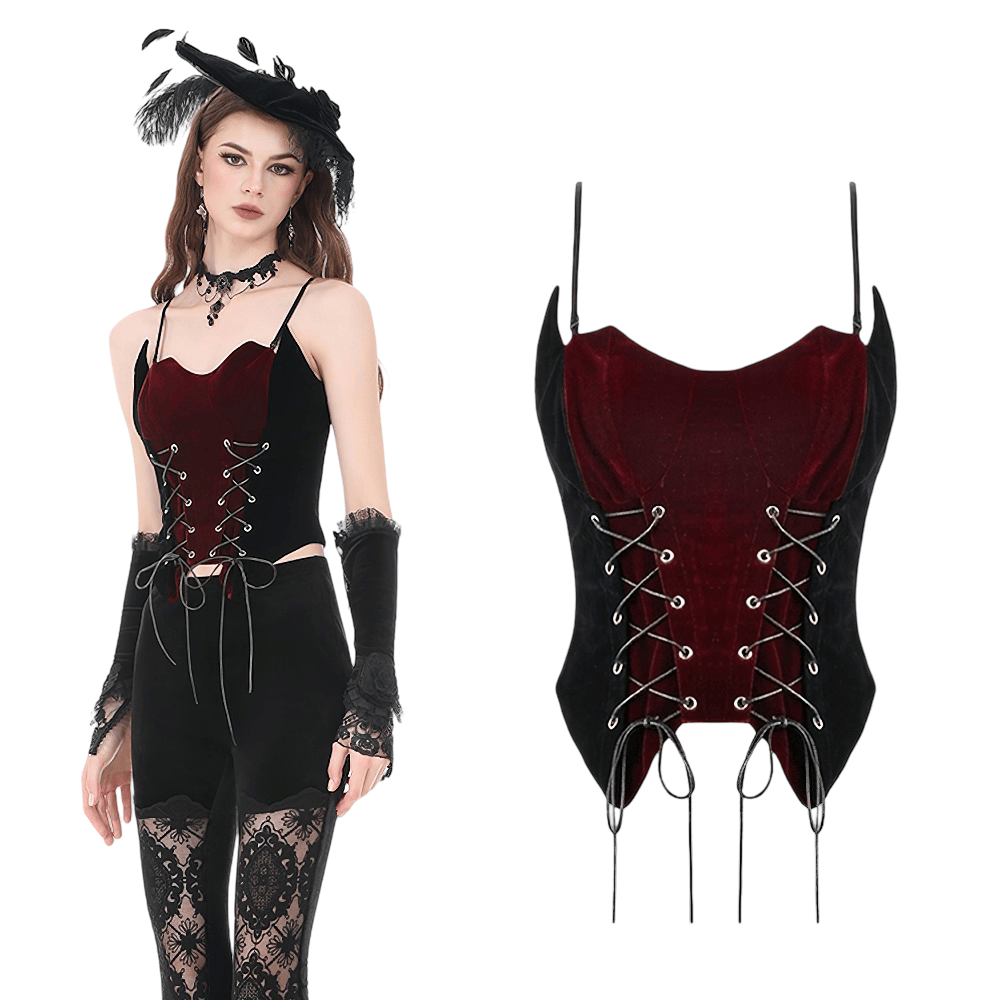 Wine Red Velvet Lace Up Gothic Corset Cami Bustier displayed on a model with elegant gothic accessories.