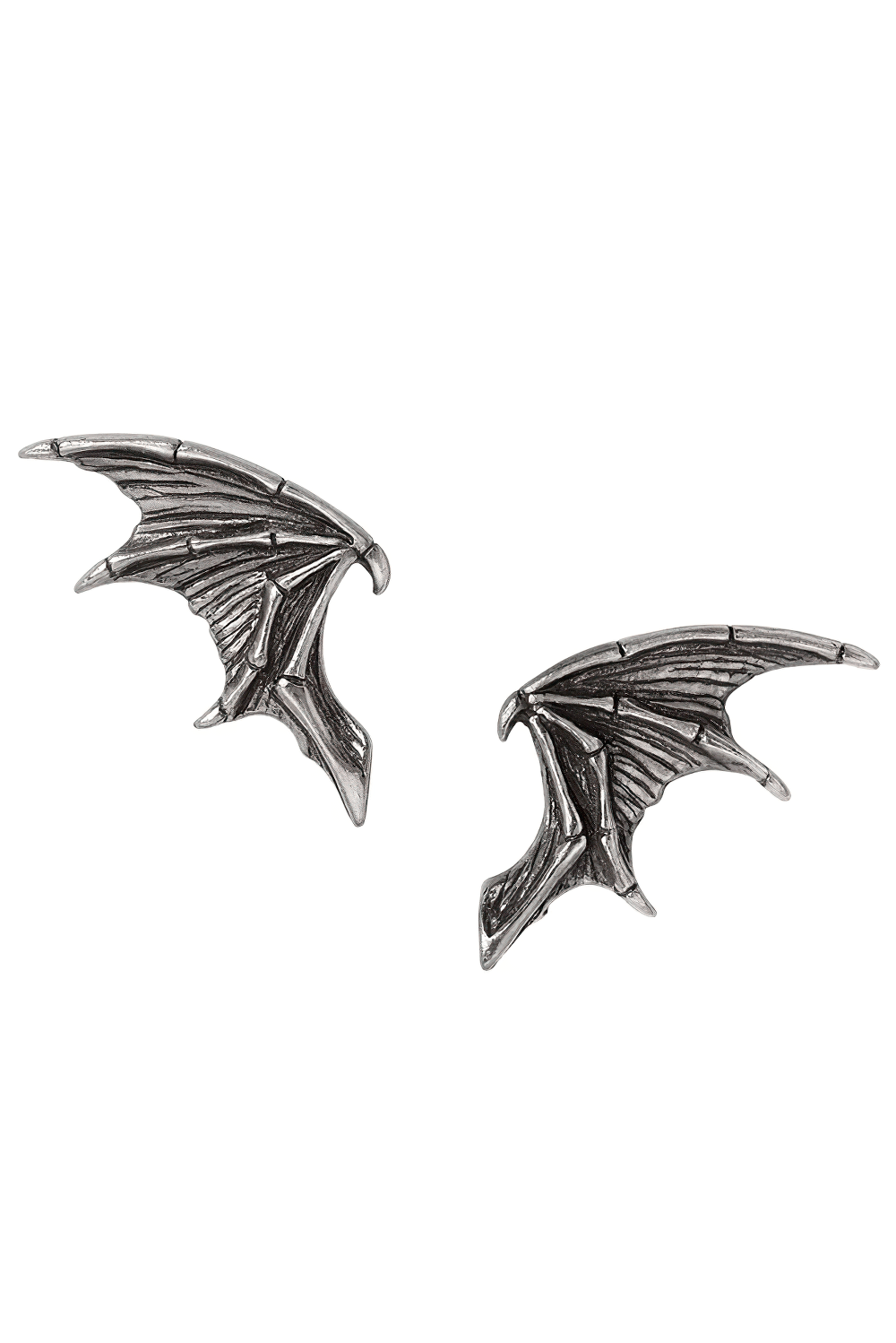 Winged Gothic Earrings With Fantasy Flight Design in intricate pewter detailing, featuring sculpted wing silhouettes.