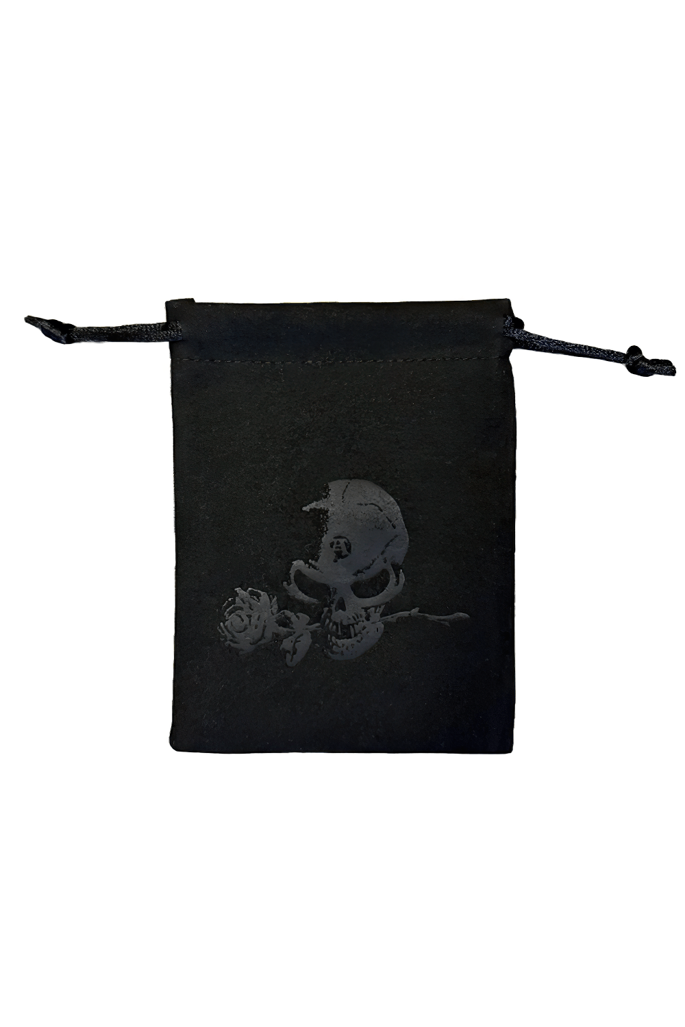 Black pouch featuring a skull and rose design, perfect for gothic accessories or treasures.