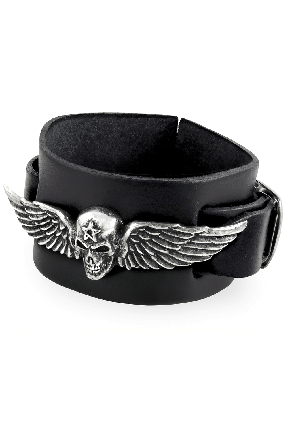 Winged Skull Black Leather Bracelet with Adjustable Strap featuring a striking winged skull badge.