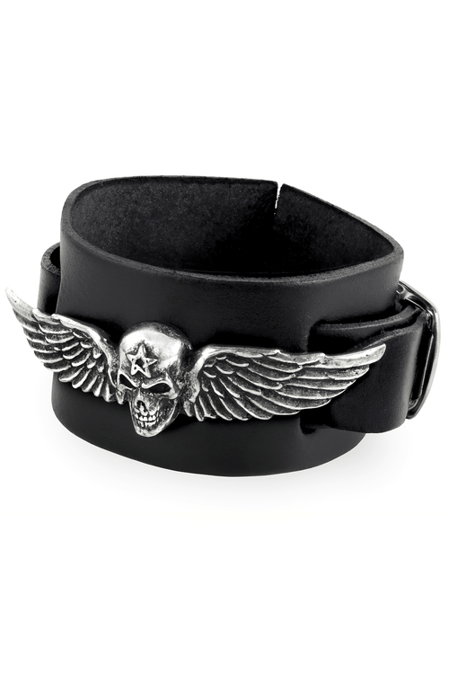 Armband aus schwarzem Leder mit geflügeltem Totenkopf und verstellbarem Riemen
