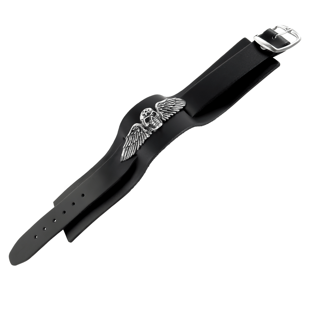 Winged Skull Black Leather Bracelet with Adjustable Strap showcasing wings and a skull emblem.