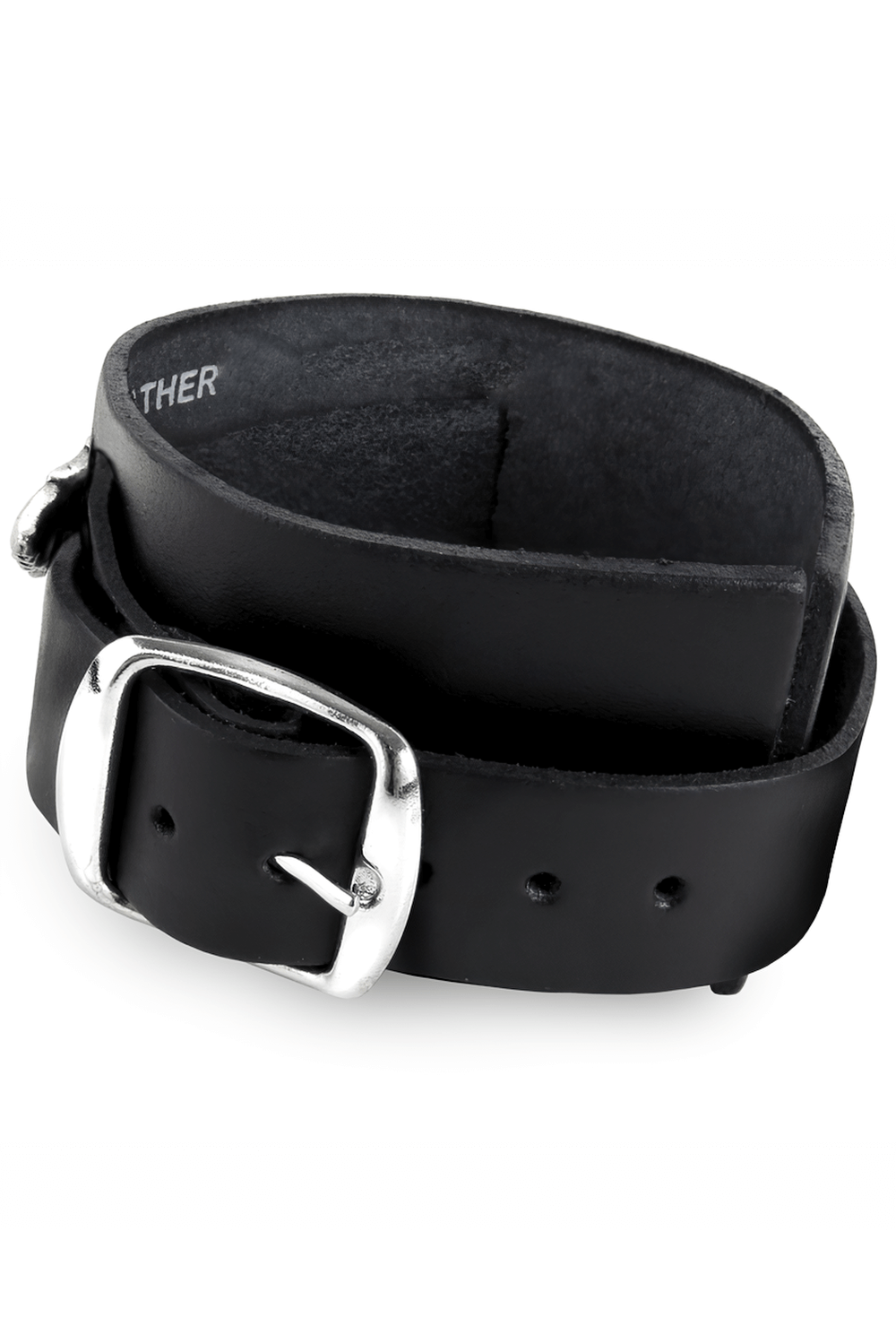 Winged Skull Black Leather Bracelet with Adjustable Strap shown with buckle strap in black leather design.