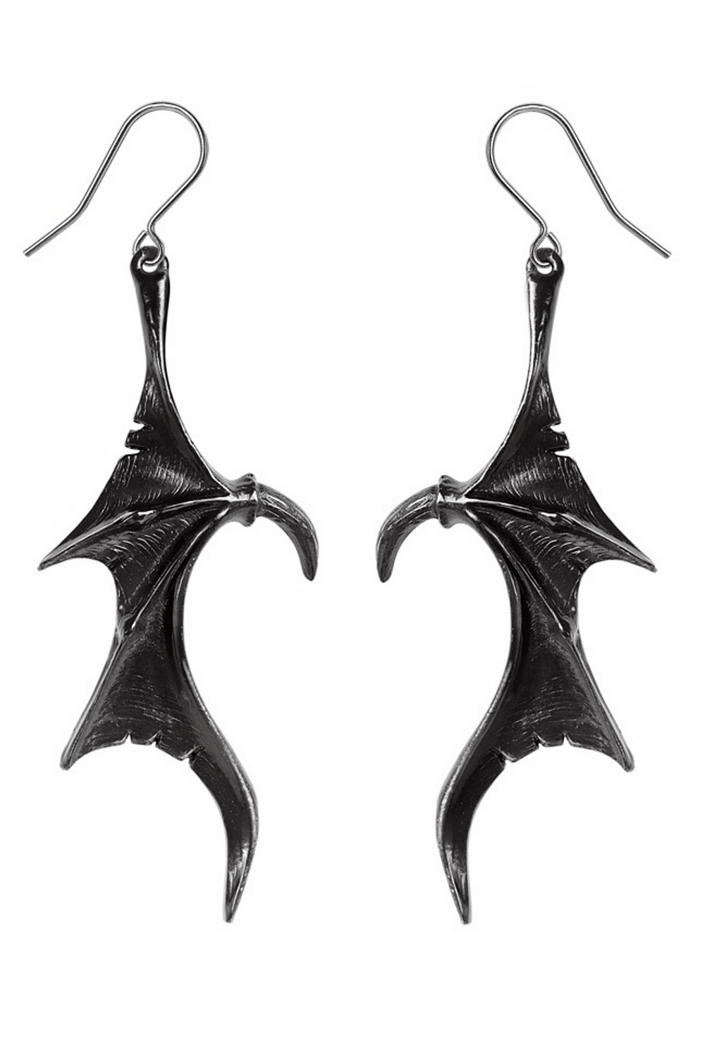 Gothic pewter dragon wing earrings showcasing mystical design and elegance for a dark goddess aesthetic.