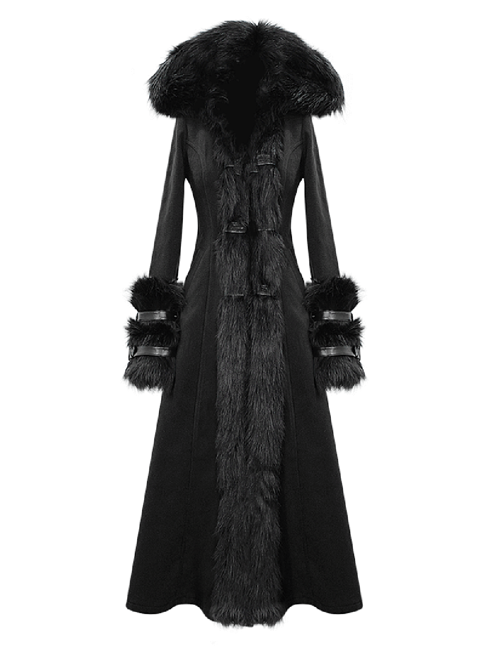 Gothic vintage style long black coat for women with luxurious fur details, perfect for winter outfits.