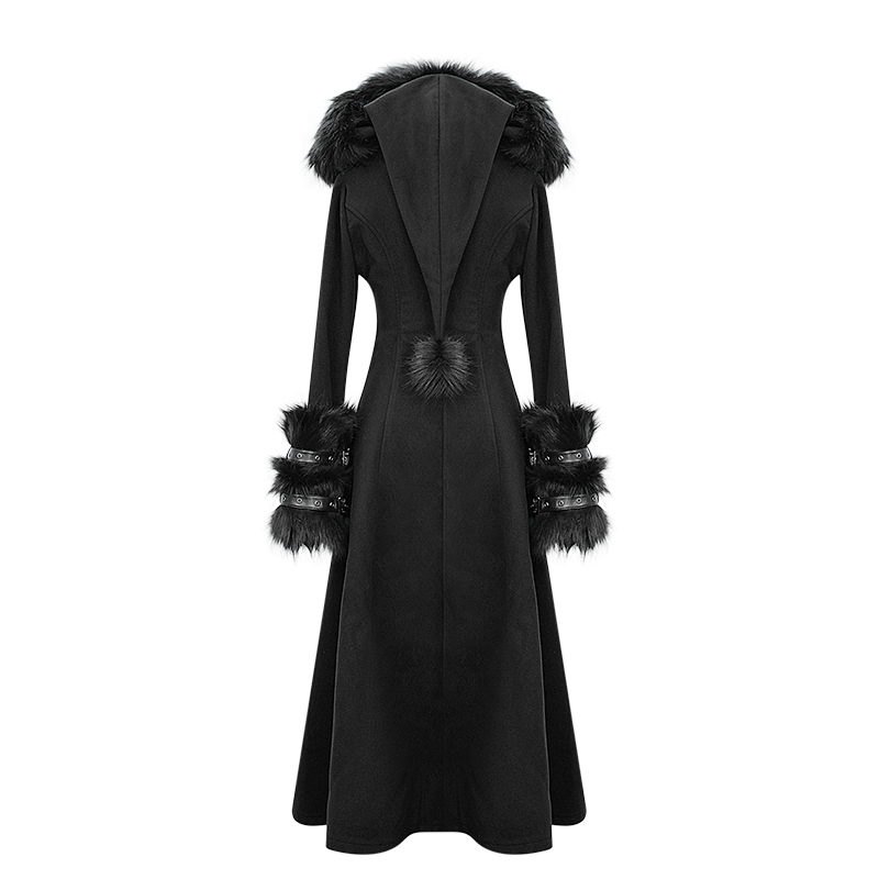 Elegant women's long black coat in gothic style with fur accents and hood, perfect for winter outfits.