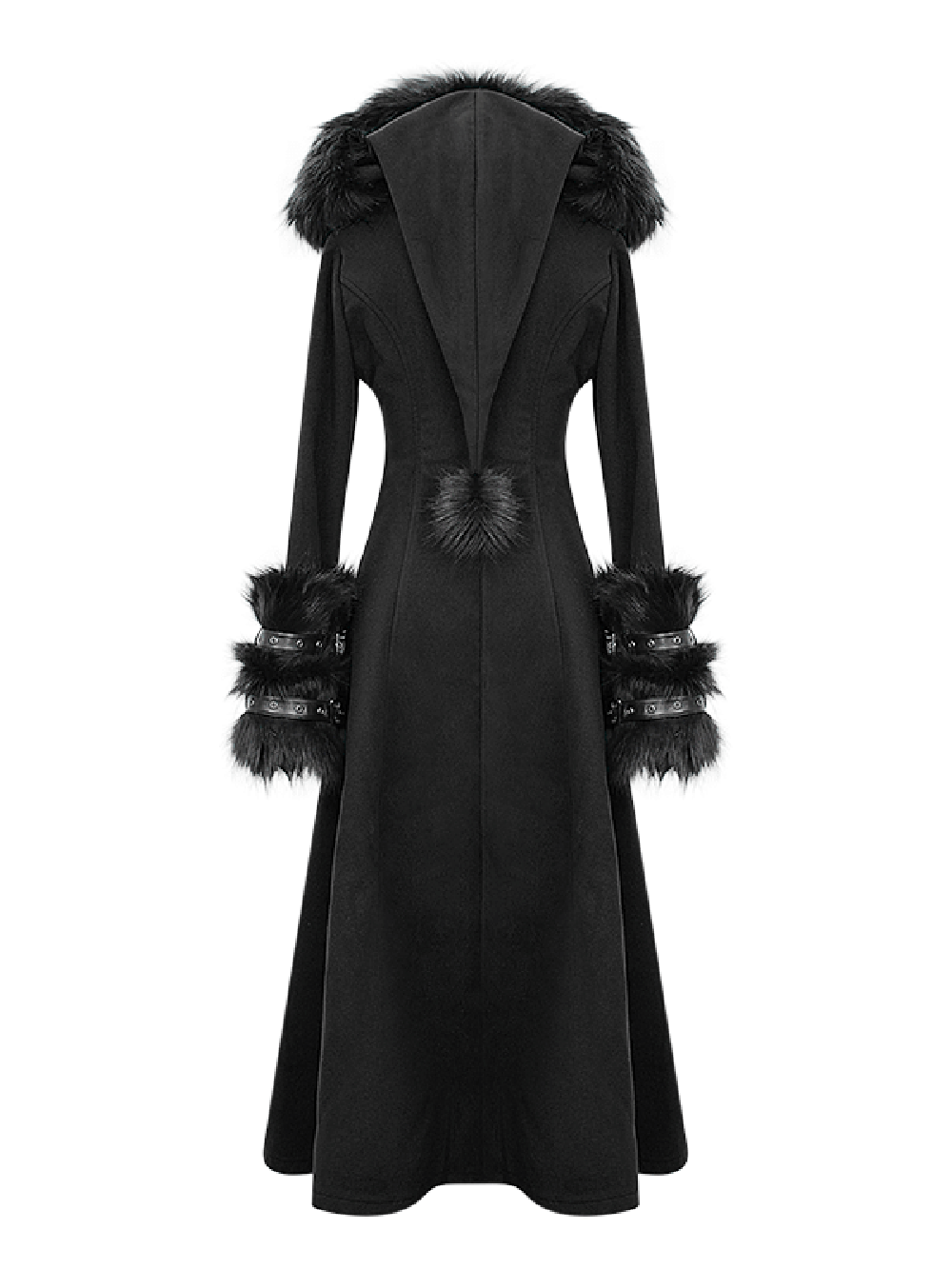 Elegant women's long black coat in gothic style with fur accents and hood, perfect for winter outfits.