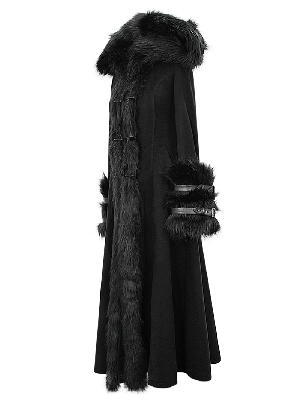 Elegant female black long coat with fur inserts, perfect for gothic vintage winter fashion.