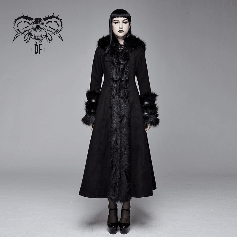 Elegant gothic black long coat with fur detailing, perfect for creating vintage winter outfits.