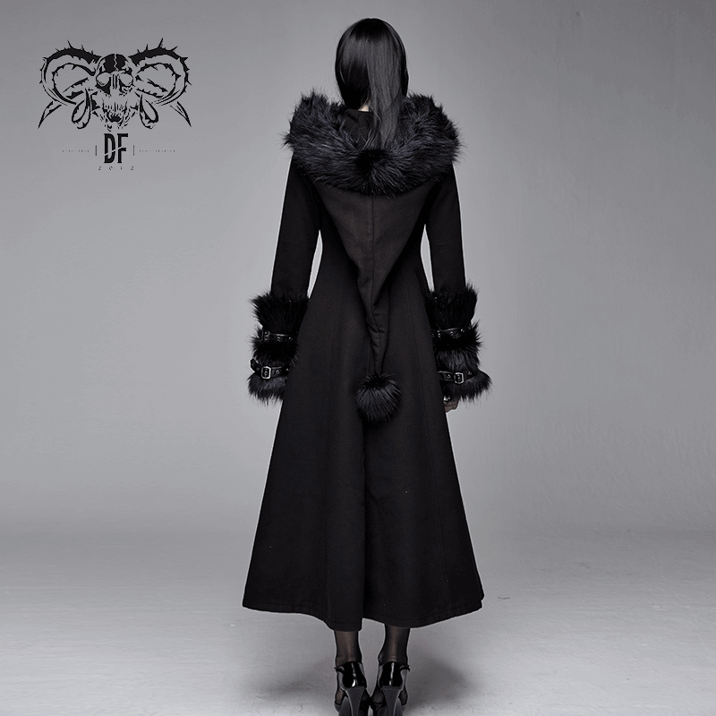 Elegant women's gothic black long coat with fur inserts, perfect for vintage style and cold weather.