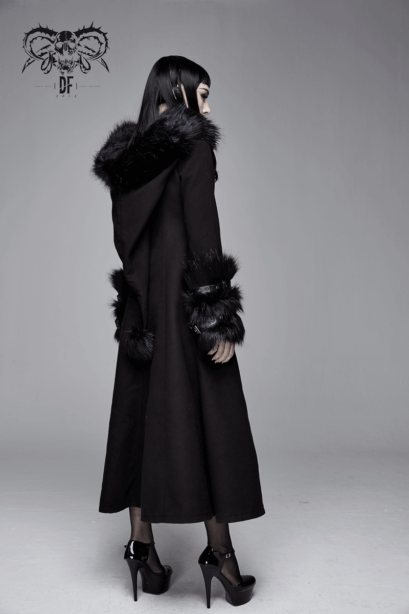 Gothic style long black coat for women with fur accents, perfect for winter outfits.