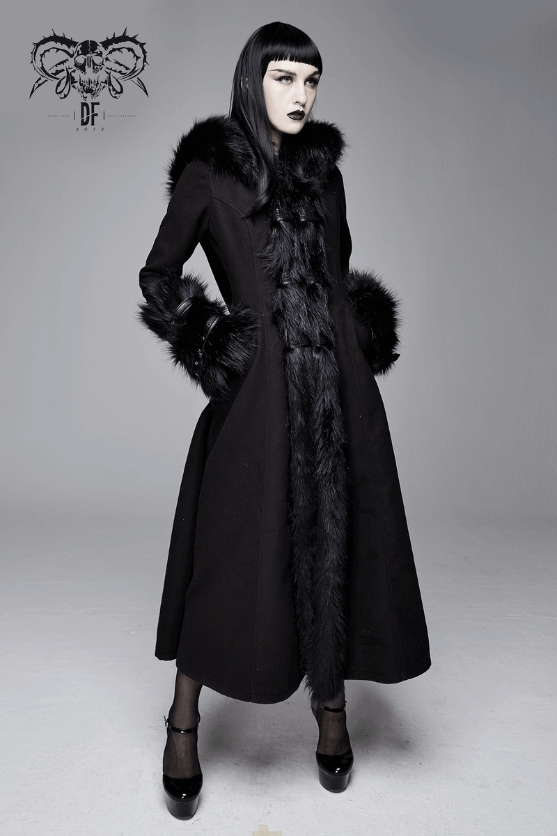 Elegant long black gothic coat with fur accents, perfect for winter vintage outfits.