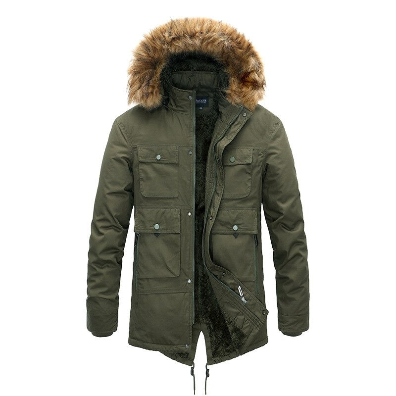 Men's thick winter coat with fur hood and multiple pockets, perfect for warmth and style during cold weather.