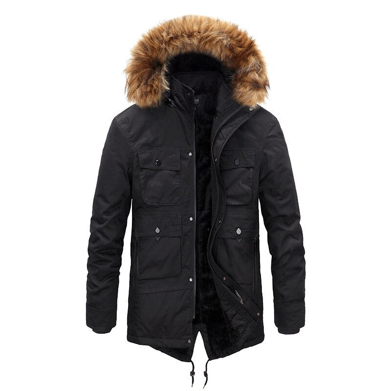 Stylish winter coat for men with thick fur hood and multiple pockets, perfect for cold weather.
