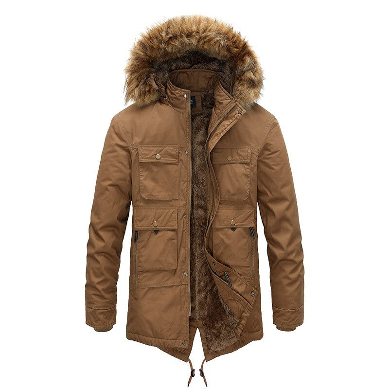 Stylish men's winter coat with a fur hood, featuring multiple pockets for warmth and practicality, in a tan color.