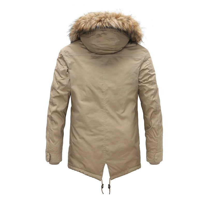 Men's winter coat with thick fur hood, light tan parka, perfect for warmth and style in cold weather.