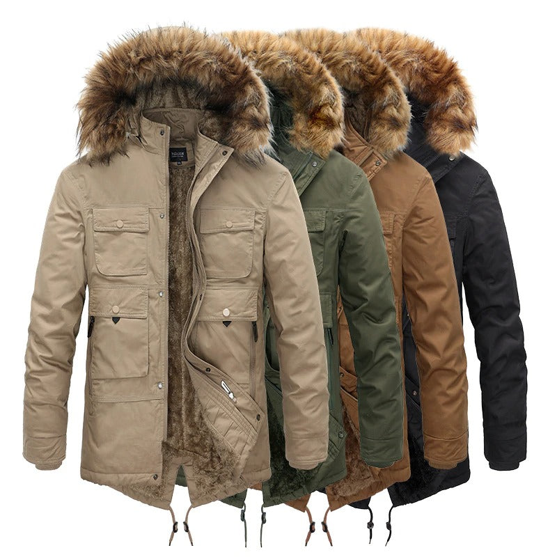 Stylish winter coat for men featuring fur hood, multiple pockets, available in four colors: beige, green, brown, and black.
