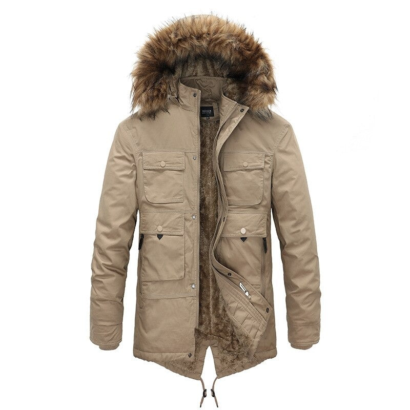 Beige winter coat with fur hood, featuring multiple pockets for warmth and style, perfect for chilly days.