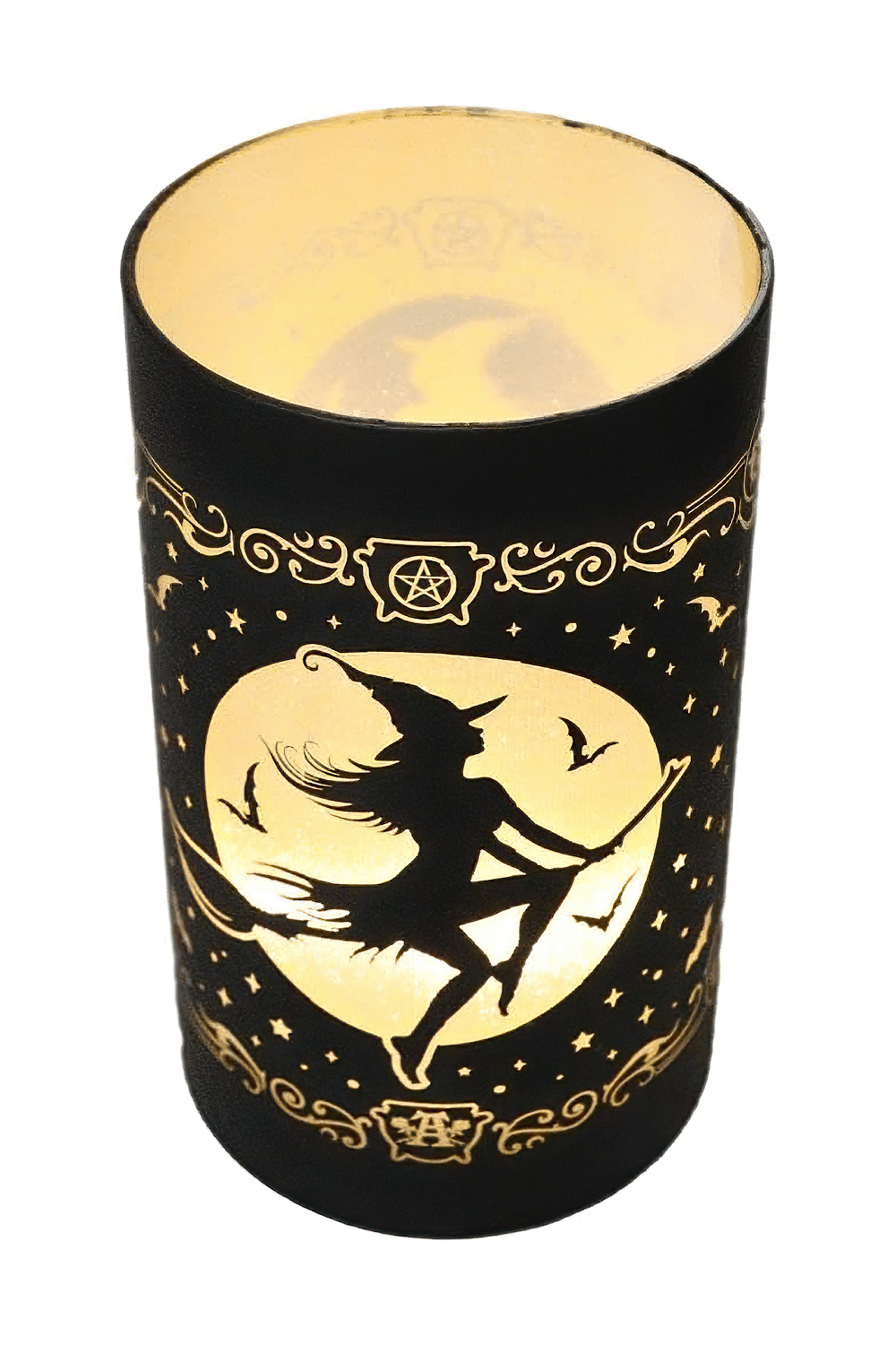 Witch and Moon etched glass LED lantern with magical design, illuminating a witch flying by moonlight.