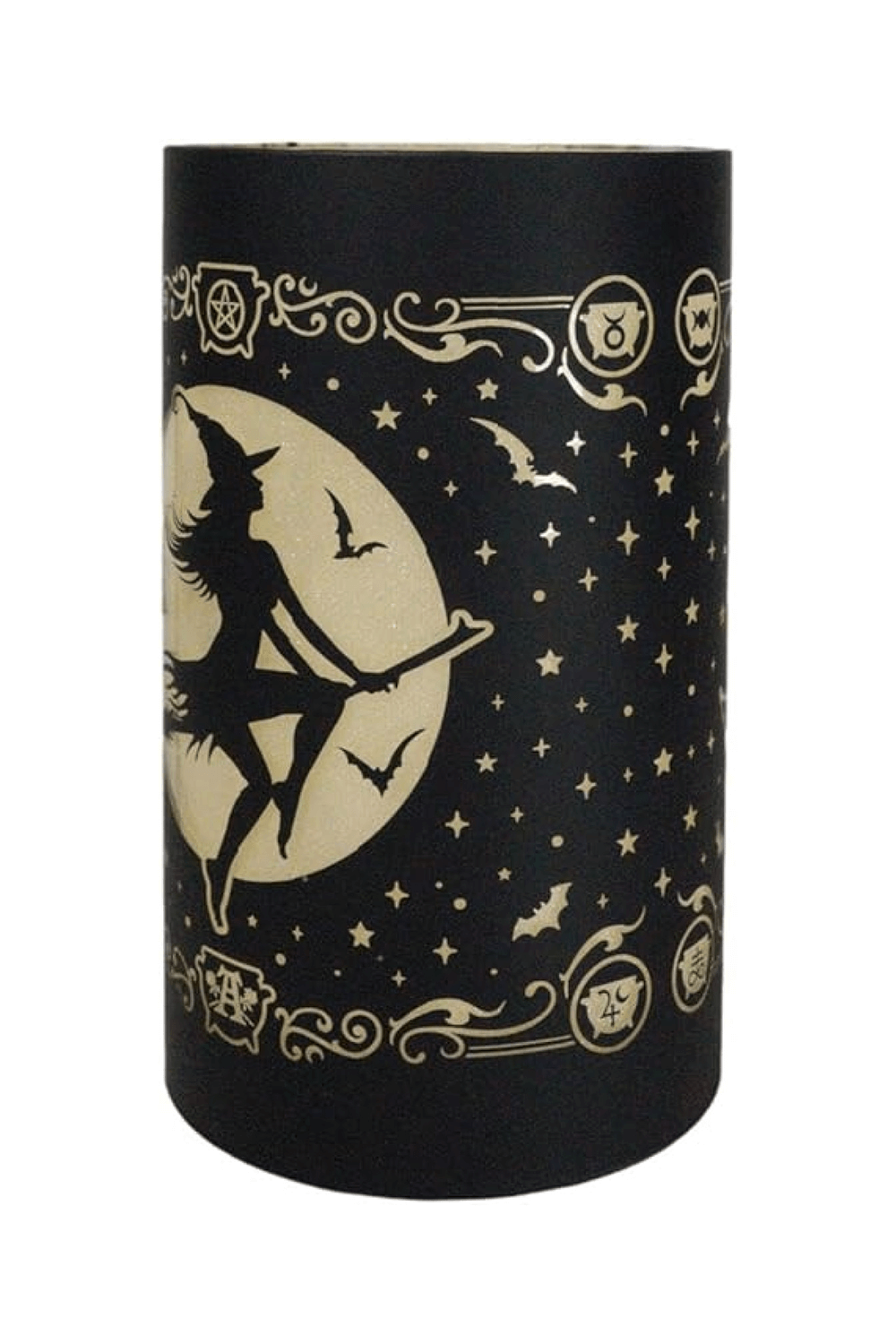 Witch and Moon etched glass lantern with stars and bats, creating a magical glow for your sacred space.