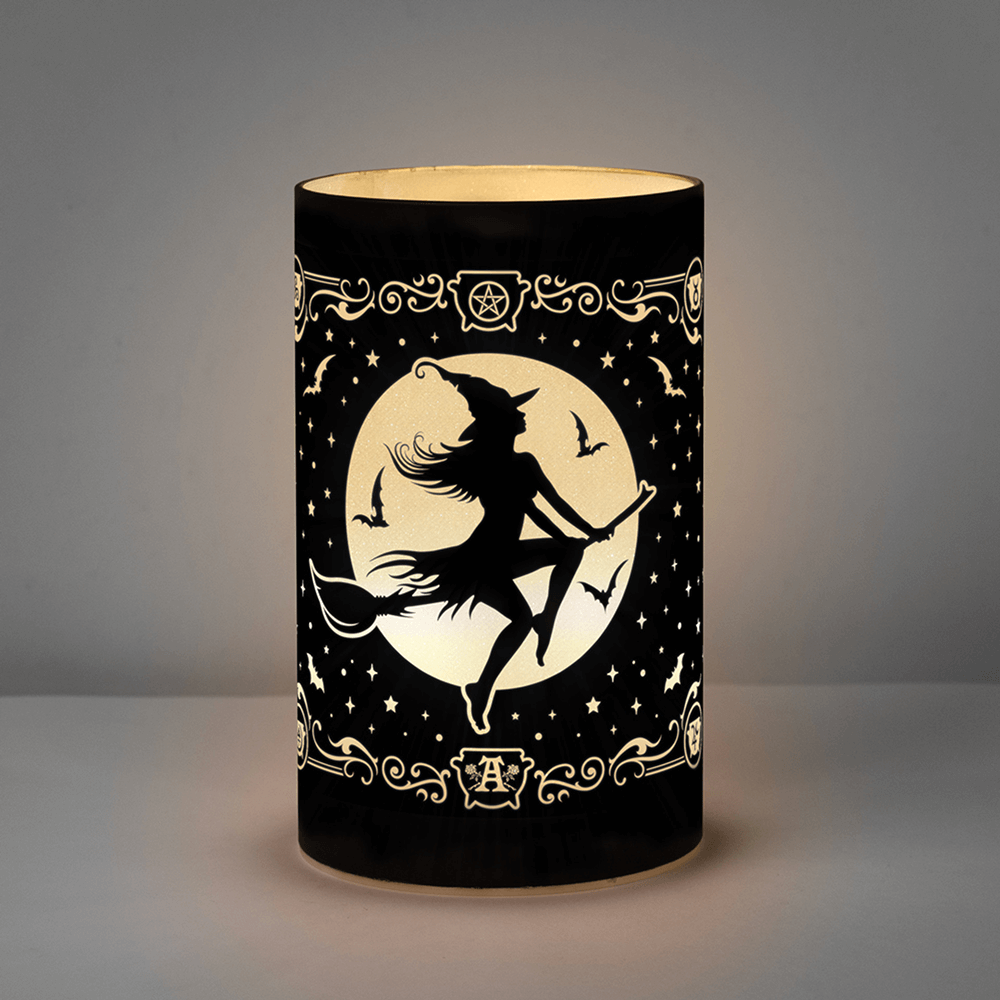 Enchanting Witch and Moon Etched Glass Lantern with LED glow, featuring a witch flying surrounded by stars and bats.