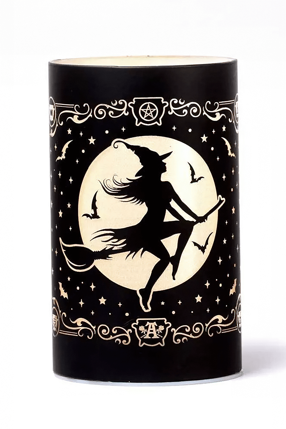 Witch and Moon Etched Glass Gothic Lantern with magical design and LED glow, perfect for enchanting decor.