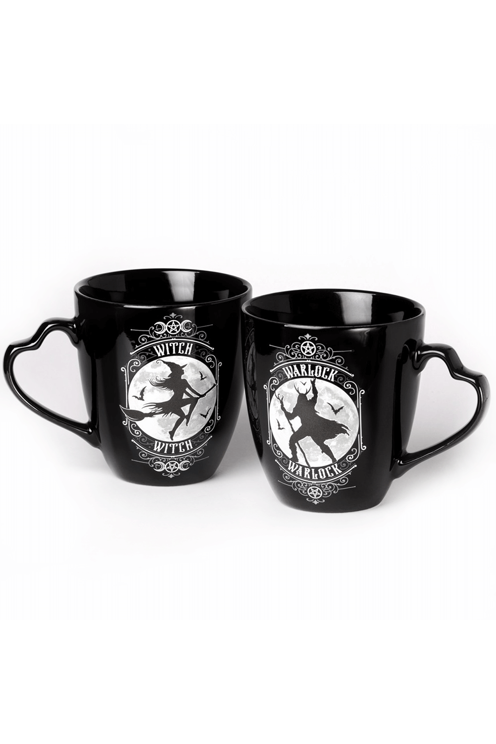 Witch and Warlock Gothic Mug Set with heart-shaped handles and dark frames for power couples.