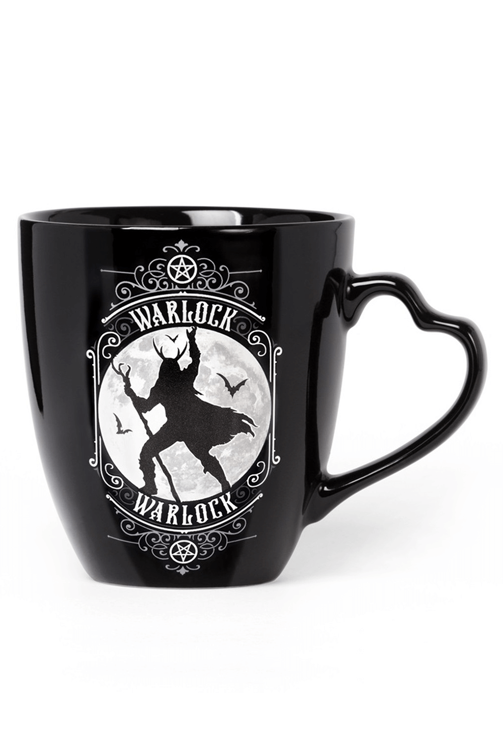 Gothic warlock mug with heart-shaped handle and elegant moonlit design for dark romance lovers.
